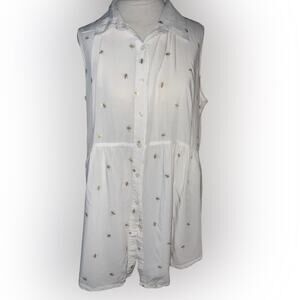 Anthropologie Solitaire White Gold Bee Print Sleeveless Button Tunic XL Boho